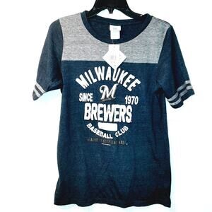 MLB Brewers Womens T SHIRT Large Milwaukee Baseball Navy Short Sleeve New Logo